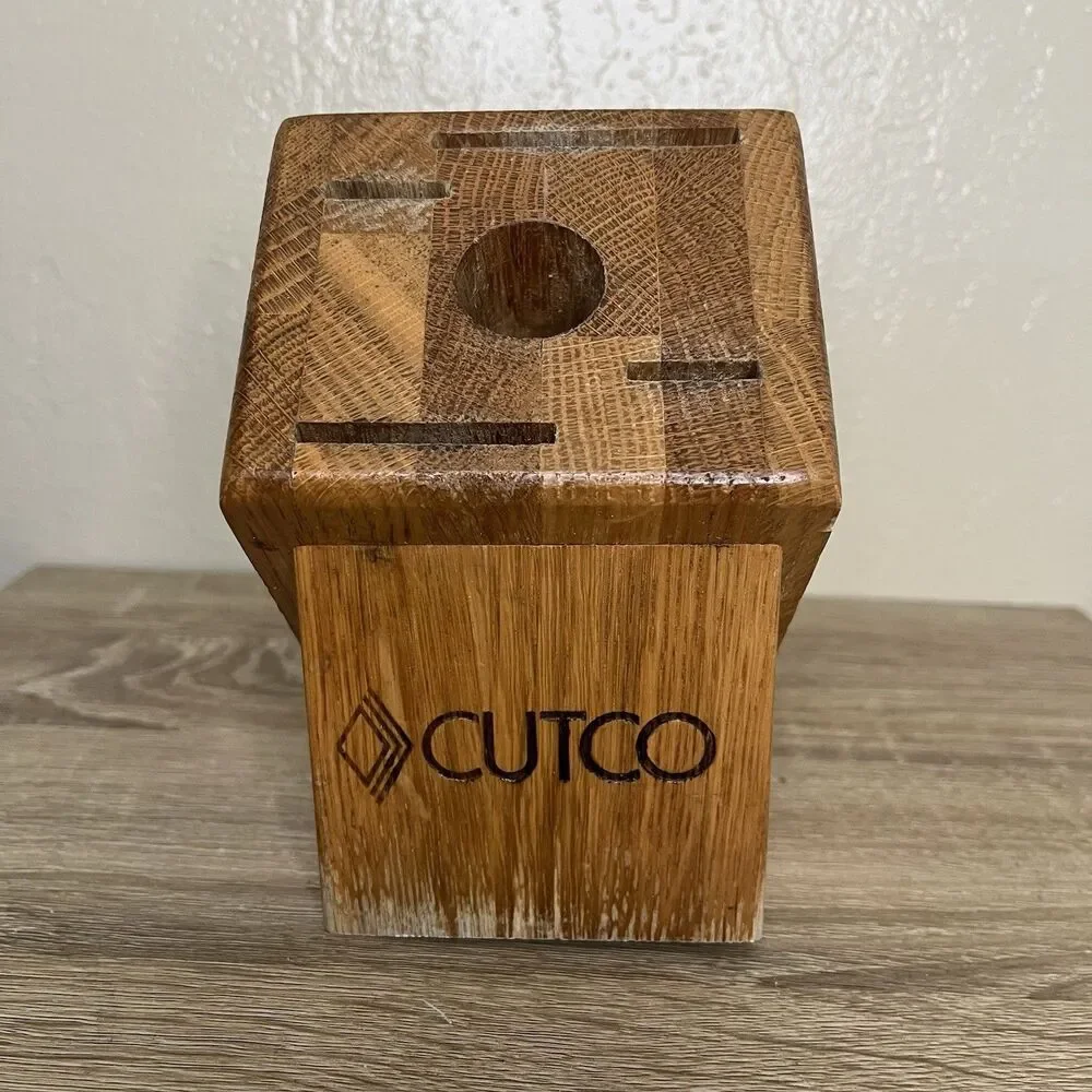 Practical CUTCO 5 Slot Knife Block In Solid Honey Oak Wood- Made Well In The USA